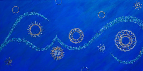 24x48 large original Floating Free 3D textured painting by Bala Thiagarajan, featuring multiple blue iridescent henna-style mandalas hand-piped on a varied blue background.