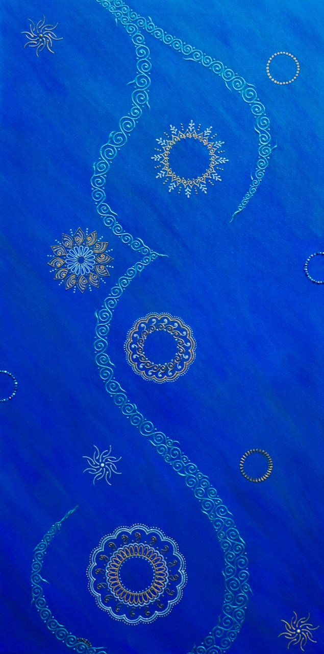 24x48 large original Floating Free 3D textured painting by Bala Thiagarajan, featuring multiple blue iridescent henna-style mandalas hand-piped on a varied blue background.