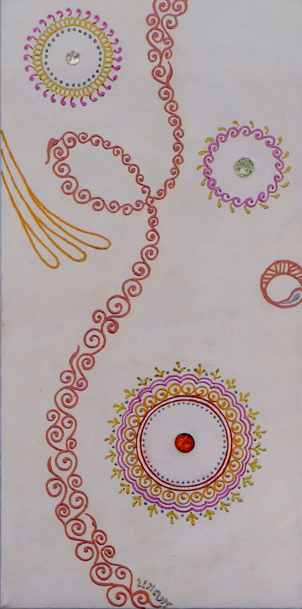 12x24 original Flow Mandala Red 3D textured painting by Bala Thiagarajan, featuring vibrant red hand-piped henna-style patterns with a dichroic glass and mirror center.