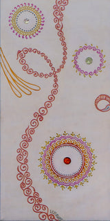 12x24 original Flow Mandala Red 3D textured painting by Bala Thiagarajan, featuring vibrant red hand-piped henna-style patterns with a dichroic glass and mirror center.