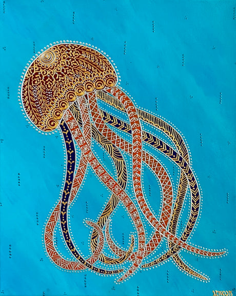 Jellyfish original 16x20 3D textured marine painting by Bala Thiagarajan, sculptural iridescent blue and silver jellyfish with hand-piped glowing tentacles on a dark navy background, heavy-body acrylic sea life art