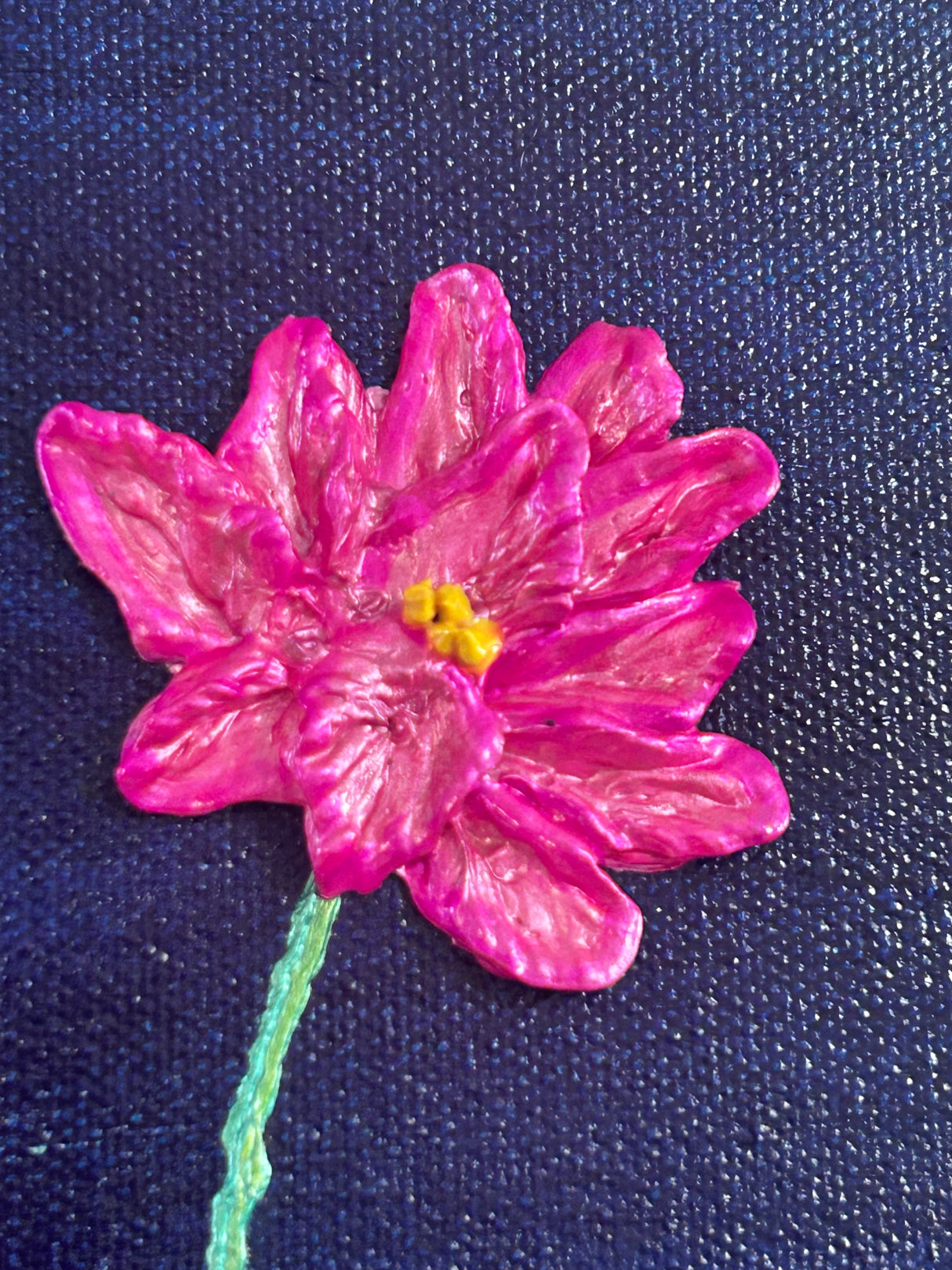 Original 3D textured Lotus painting by Bala Thiagarajan, sculptural pink and yellow aquatic floral art on dark blue background with hand-piped iridescent petals and heavy-body acrylic texture on canvas thick flower