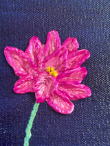 Original 3D textured Lotus painting by Bala Thiagarajan, sculptural pink and yellow aquatic floral art on dark blue background with hand-piped iridescent petals and heavy-body acrylic texture on canvas thick flower