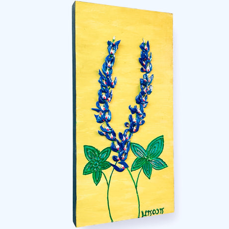 bluebonnets with green leaves on yellow background textured floral painting by Bala Thiagarajan, hand-piped acrylic on wood panel with iridescent sculptural texture