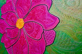 Large 36x48 original 3D textured Magnificent Magenta floral painting by Bala Thiagarajan, sculptural fuchsia and deep pink peony on canvas with hand-piped iridescent acrylic details and heavy-body texture at an angle