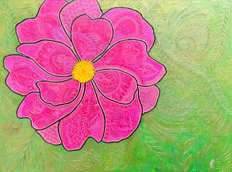 Large 36x48 original 3D textured Magnificent Magenta floral painting by Bala Thiagarajan, sculptural fuchsia and deep pink peony on canvas with hand-piped iridescent acrylic details and heavy-body texture.