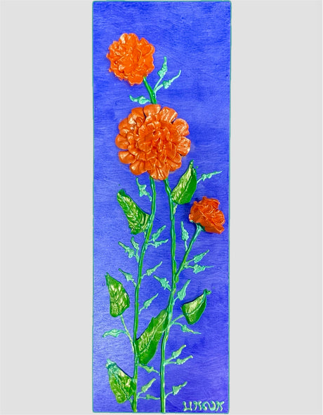 marigolds on purple background textured floral painting by Bala Thiagarajan, hand-piped iridescent acrylic on wood panel with sculptural 3D detail