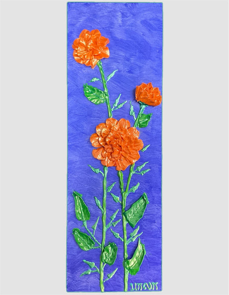 orange marigolds on purple background textured floral painting by Bala Thiagarajan, hand-piped iridescent acrylic on wood panel with sculptural 3D detail