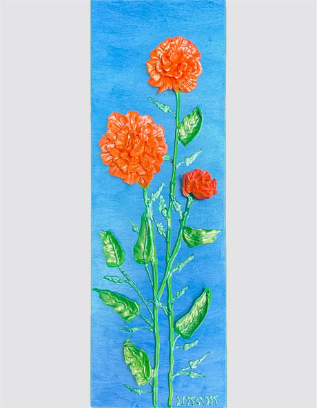 orange marigolds on blue textured floral painting by Bala Thiagarajan, hand-piped iridescent acrylic on wood panel with sculptural 3D detail