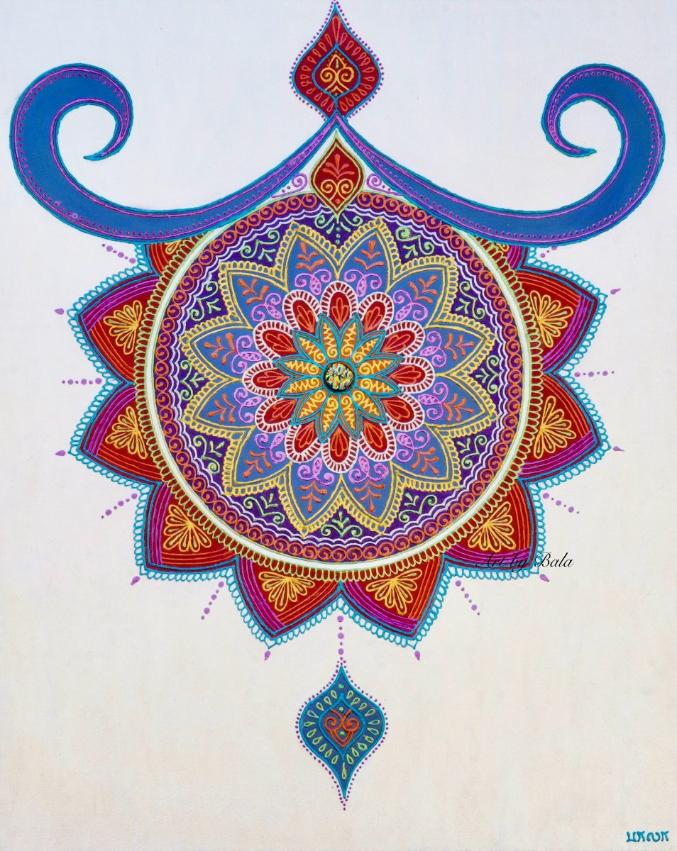 Framed 24x30 original New Bloom Mandala 3D textured painting by Bala Thiagarajan, featuring an off-center henna-style floral pattern, dichroic glass center, and iridescent acrylic relief.