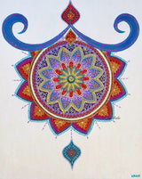 Framed 24x30 original New Bloom Mandala 3D textured painting by Bala Thiagarajan, featuring an off-center henna-style floral pattern, dichroic glass center, and iridescent acrylic relief.