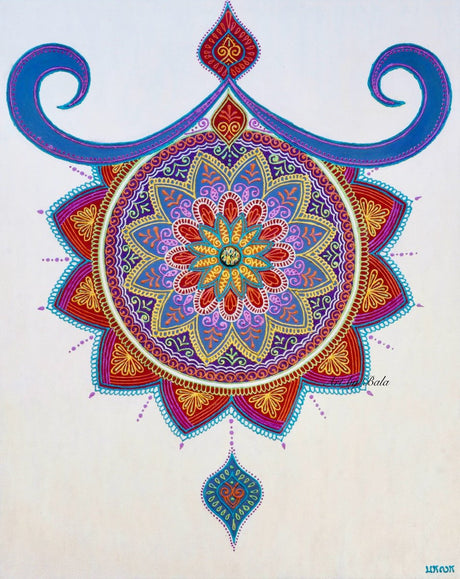 Framed 24x30 original New Bloom Mandala 3D textured painting by Bala Thiagarajan, featuring an off-center henna-style floral pattern, dichroic glass center, and iridescent acrylic relief.