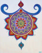 Framed 24x30 original New Bloom Mandala 3D textured painting by Bala Thiagarajan, featuring an off-center henna-style floral pattern, dichroic glass center, and iridescent acrylic relief.