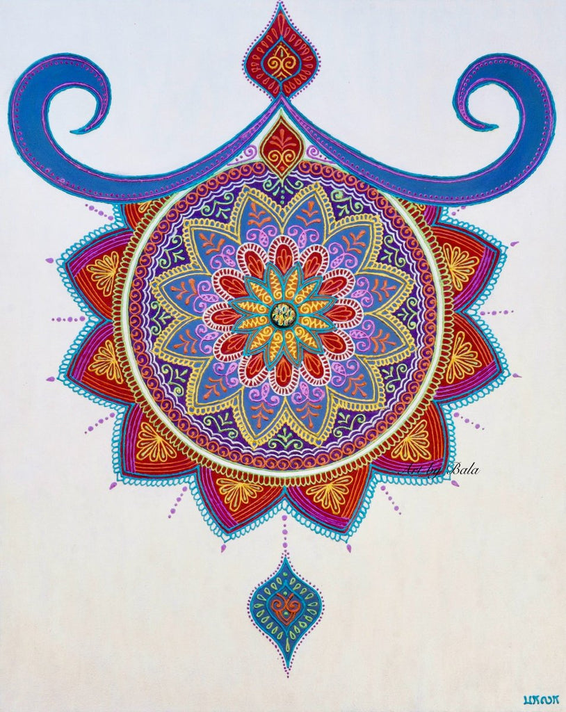 New Bloom Mandala by Bala, vibrant acrylic floral mandala artwork symbolizing growth, renewal.