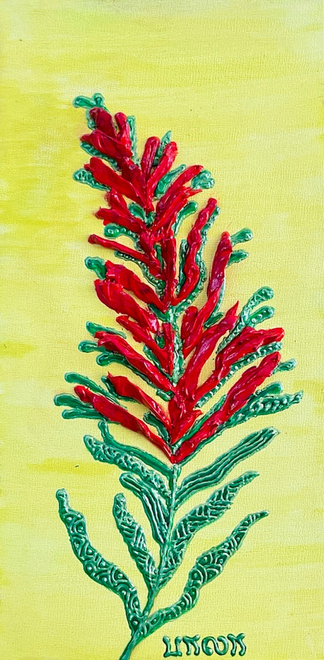 red paintbrush with green leaves on yellow background textured floral painting by Bala Thiagarajan, hand-piped iridescent acrylic on wood panel with sculptural 3D detail