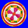 Pookalam original 3D textured floral painting by Bala Thiagarajan, sculptural orange, yellow, white, green, rose and red flower carpet mandala with hand-piped iridescent acrylic dots and henna-inspired geometric patterns.