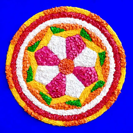 Pookalam original 3D textured floral painting by Bala Thiagarajan, sculptural orange, yellow, white, green, rose and red flower carpet mandala with hand-piped iridescent acrylic dots and henna-inspired geometric patterns.
