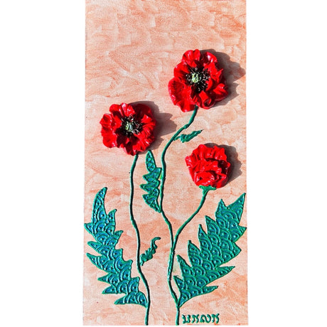 red poppies with green leaves on orange background textured floral painting by Bala Thiagarajan, hand-piped acrylic on wood panel with iridescent sculptural texture