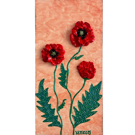 red poppies with green leaves on orange background textured floral painting by Bala Thiagarajan, hand-piped acrylic on wood panel with iridescent sculptural texture