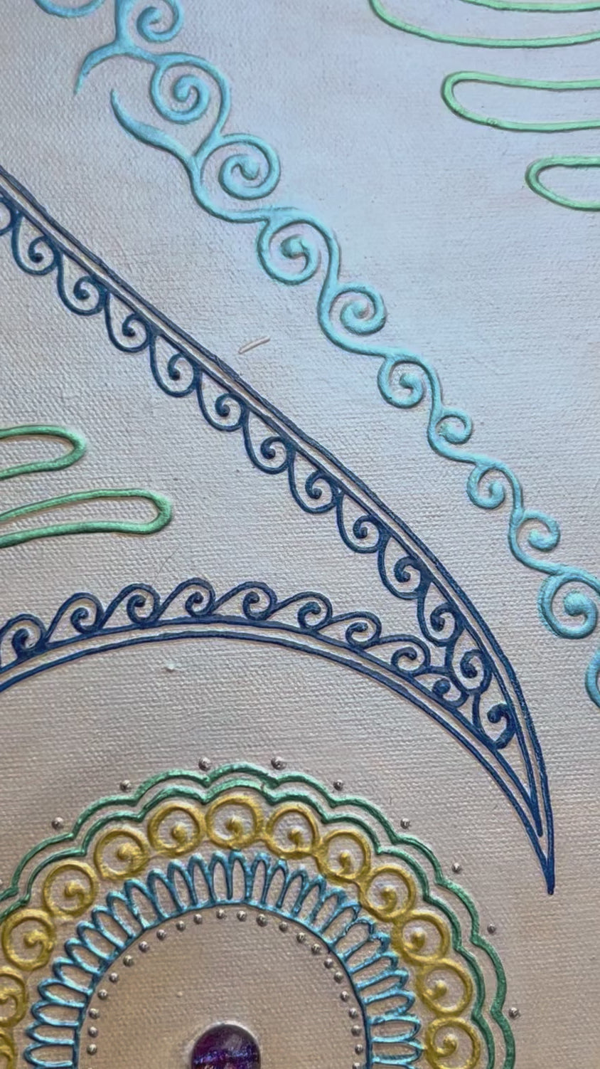 12x24 original Flow Mandala Blue 3D textured painting by Bala Thiagarajan, featuring iridescent blue hand-piped henna-style patterns with dichroic glass and mirrors in the center.