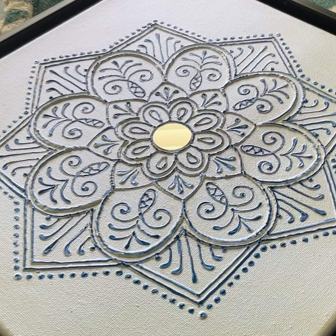 12x12 original Serenity 20 Blue mandala painting by Bala Thiagarajan, featuring sculptural 3D blue iridescent patterns and a central mirror close up