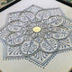 12x12 original Serenity 20 Blue mandala painting by Bala Thiagarajan, featuring sculptural 3D blue iridescent patterns and a central mirror close up