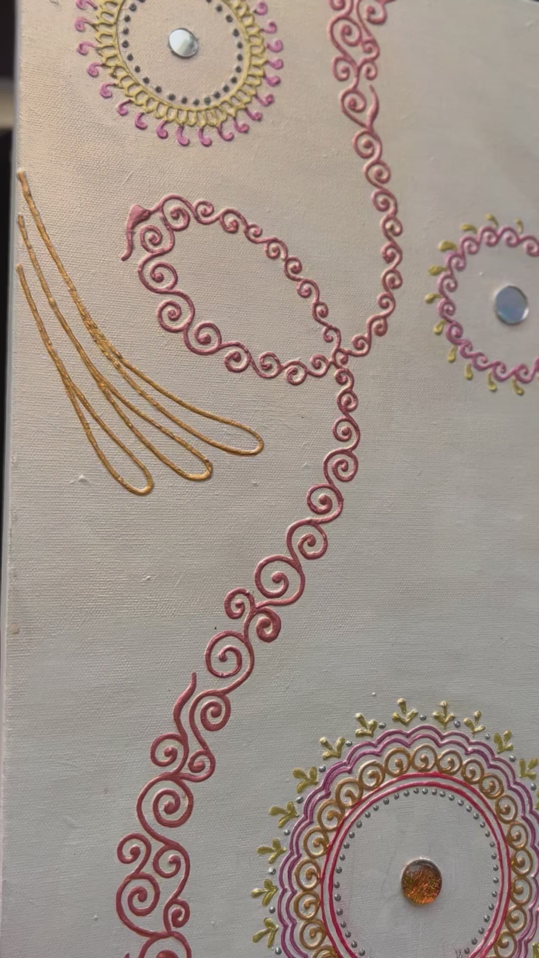 12x24 original Flow Mandala Red 3D textured painting by Bala Thiagarajan, featuring vibrant red hand-piped henna-style patterns with a dichroic glass and mirror center.