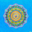24x24 original Reverence Mandala 3D textured painting by Bala Thiagarajan, featuring gold and blue hand-piped henna-style patterns and a dichroic glass center.