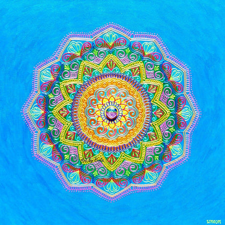 24x24 original Reverence Mandala 3D textured painting by Bala Thiagarajan, featuring gold and blue hand-piped henna-style patterns and a dichroic glass center.