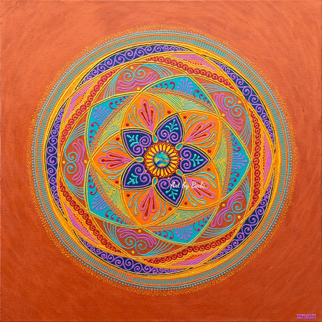 24x24 original Rose of Venus Mandala 3D textured painting by Bala Thiagarajan, featuring gold and blue hand-piped henna-style patterns and a dichroic glass center.