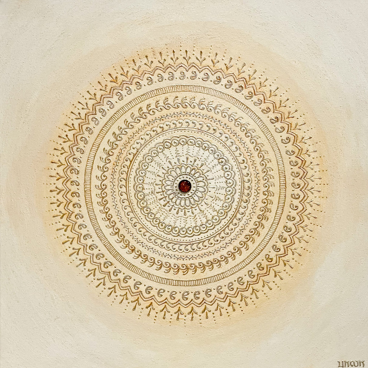 Serene Blooms No. 2 textured floral mandala painting by Bala Thiagarajan, hand-piped iridescent acrylic with sculptural symmetry