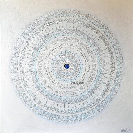 24x24 original Serene Waves 3D textured mandala painting by Bala Thiagarajan, featuring blue and white hand-piped henna-style patterns and a dichroic glass center.