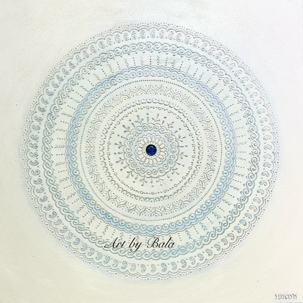 Serene Waves Mandala Painting by Bala - Vibrant Blue and White Intricate Artwork