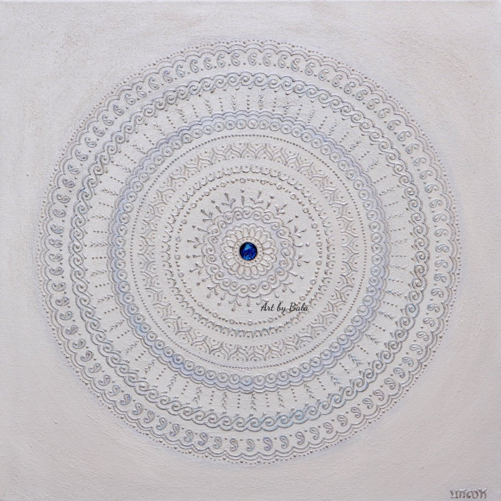 Serene Waves Mandala Painting by Bala - Vibrant Blue and White Intricate Artwork