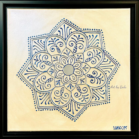 12x12 original Serenity 20 Blue mandala painting by Bala Thiagarajan, featuring sculptural 3D blue iridescent patterns and a central mirror.