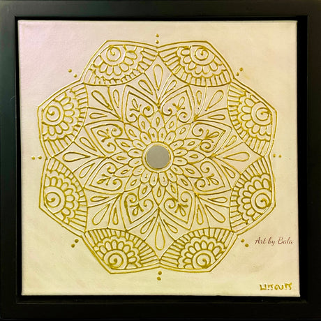 12x12 original Serenity Gold mandala painting by Bala Thiagarajan, featuring 3D hand-piped gold iridescent patterns and a central mirror.