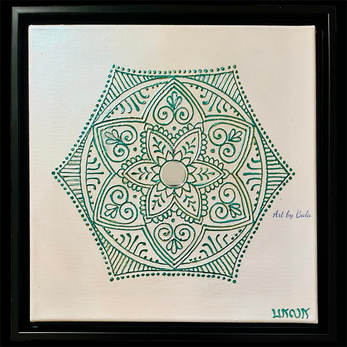 12x12 original Serenity 20 Green mandala painting by Bala Thiagarajan, featuring 3D hand-piped iridescent green dots and a center mirror.