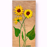 yellow sunflowers with green leaves on brown background textured floral painting by Bala Thiagarajan, hand-piped acrylic on wood panel with iridescent sculptural detail