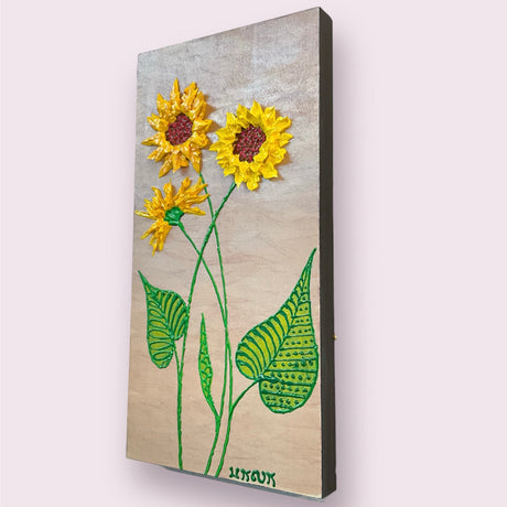 yellow sunflowers with green leaves on brown background textured floral painting by Bala Thiagarajan, hand-piped acrylic on wood panel with iridescent sculptural detail