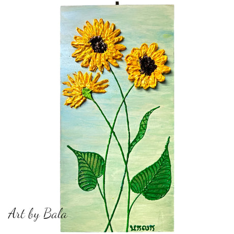 yellow sunflowers on green background textured floral painting by Bala Thiagarajan, hand-piped acrylic on wood panel with iridescent sculptural texture