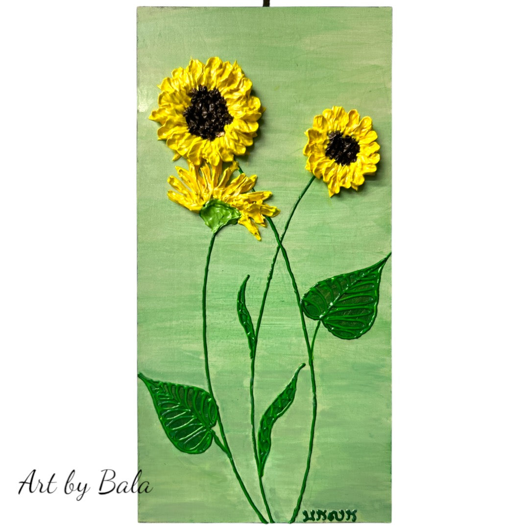 yellow sunflowers on green background textured floral painting by Bala Thiagarajan, hand-piped acrylic on wood panel with iridescent sculptural texture