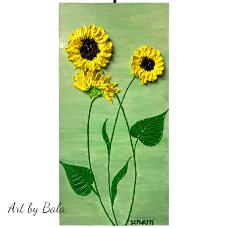 yellow sunflowers on green background textured floral painting by Bala Thiagarajan, hand-piped acrylic on wood panel with iridescent sculptural texture