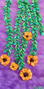  yellow flowers  with green vines on purple background textured floral painting by Bala Thiagarajan, hand-piped iridescent acrylic on wood panel with sculptural 3D detail