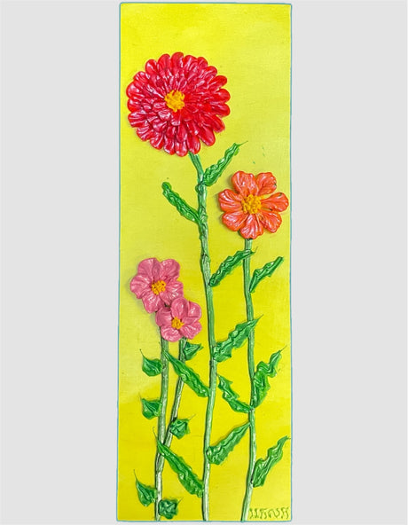 red, orange zinnias and pink flowers  on yellow green background textured floral painting by Bala Thiagarajan, hand-piped iridescent acrylic on wood panel with sculptural 3D detail