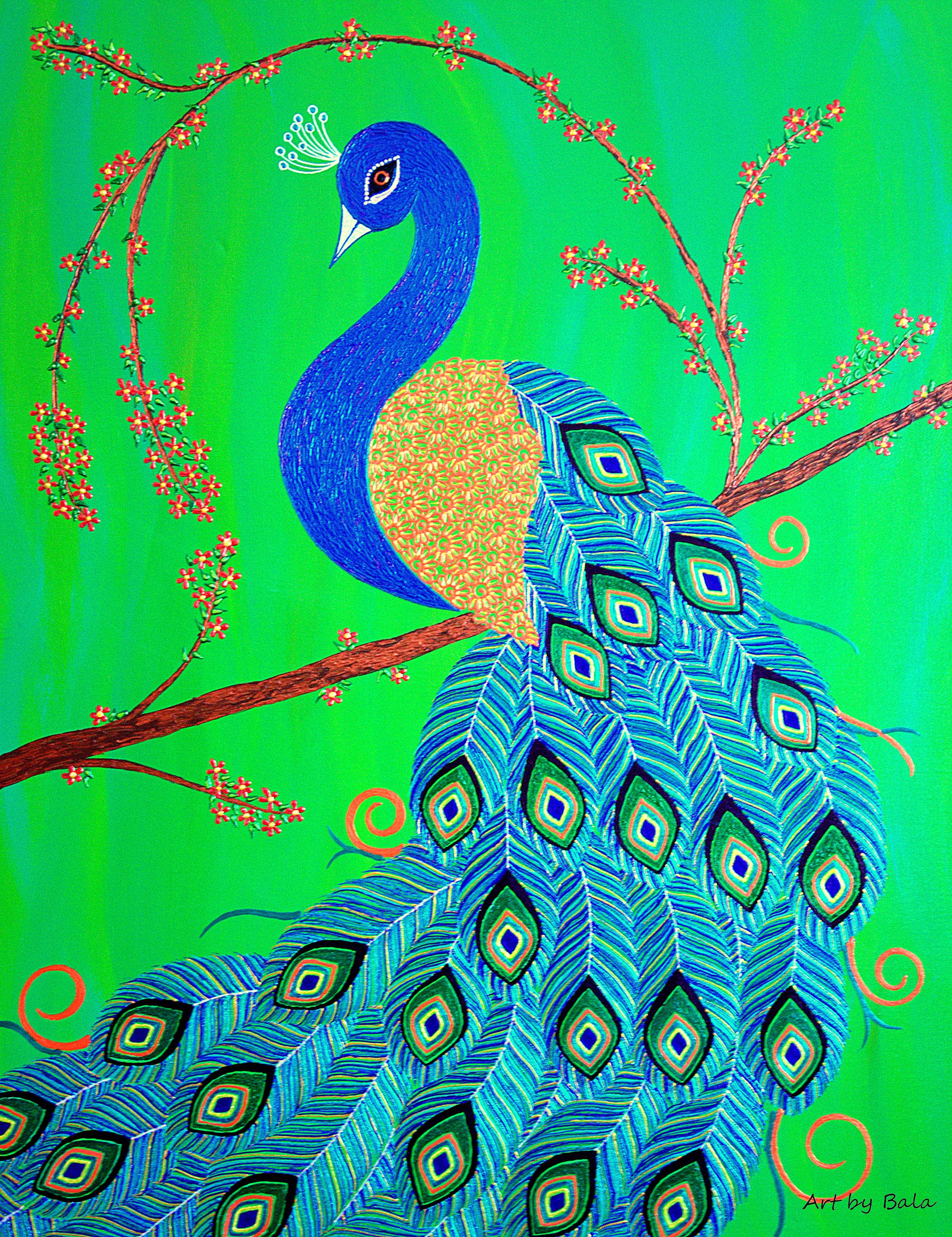 Fancy Peacock - Print of Acrylic Henna Bird Painting
