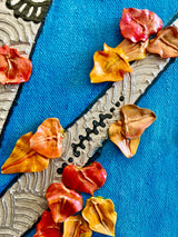 Afternoon Aspens original 20x24 3D textured landscape by Bala Thiagarajan, sculptural white aspen trees with iridescent gold leaves on a bright blue sky background, featuring hand-piped henna-style trunk details and heavy-body acrylic texture close up