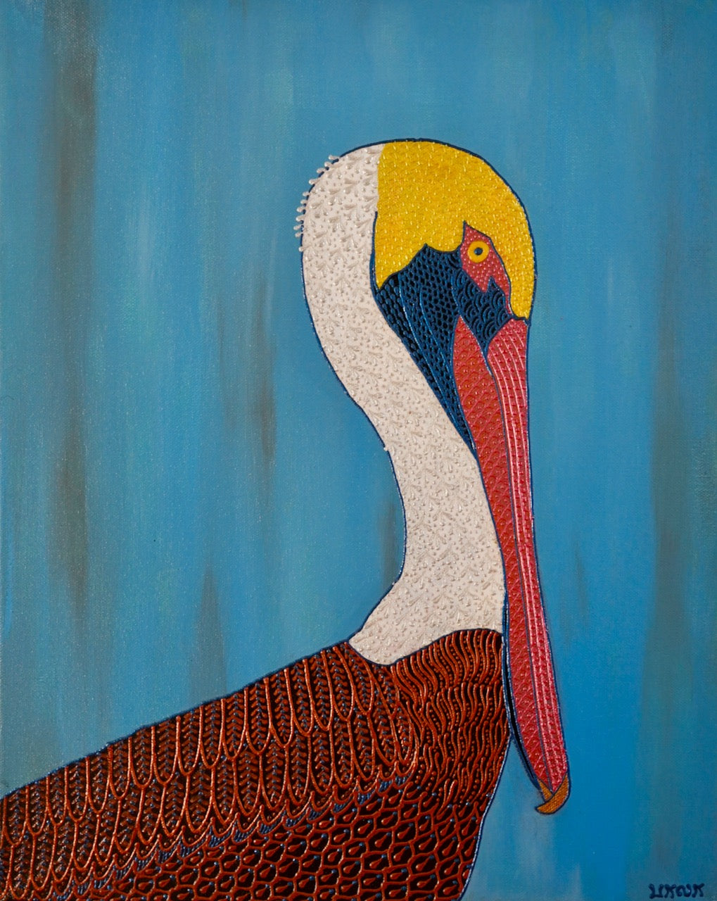 Brown Pelican original 16x20 3D textured bird painting by Bala Thiagarajan, sculptural coastal bird art in bronze, gold, and blue with hand-piped dots and lines technique, iridescent seaside wall art on canvas.