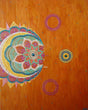 24x30 original Expectation Mandala 3D textured painting by Bala Thiagarajan, featuring an asymmetrical off-center henna-style pattern with a dichroic glass focal point.