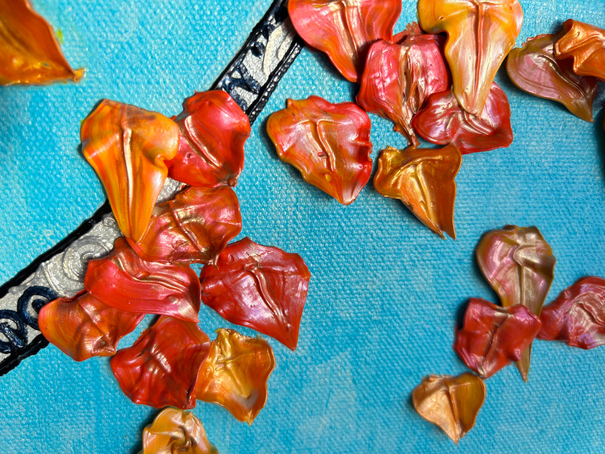 Fall Aspens original 20x24 3D textured landscape painting by Bala Thiagarajan, sculptural golden-orange and yellow aspen grove with metallic leaves, hand-piped henna-style tree trunks on a warm-toned background with heavy-body relief close up