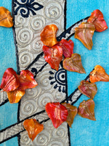 Fall Aspens original 20x24 3D textured landscape painting by Bala Thiagarajan, sculptural golden-orange and yellow aspen grove with metallic leaves, hand-piped henna-style tree trunks on a warm-toned background with heavy-body relief close up